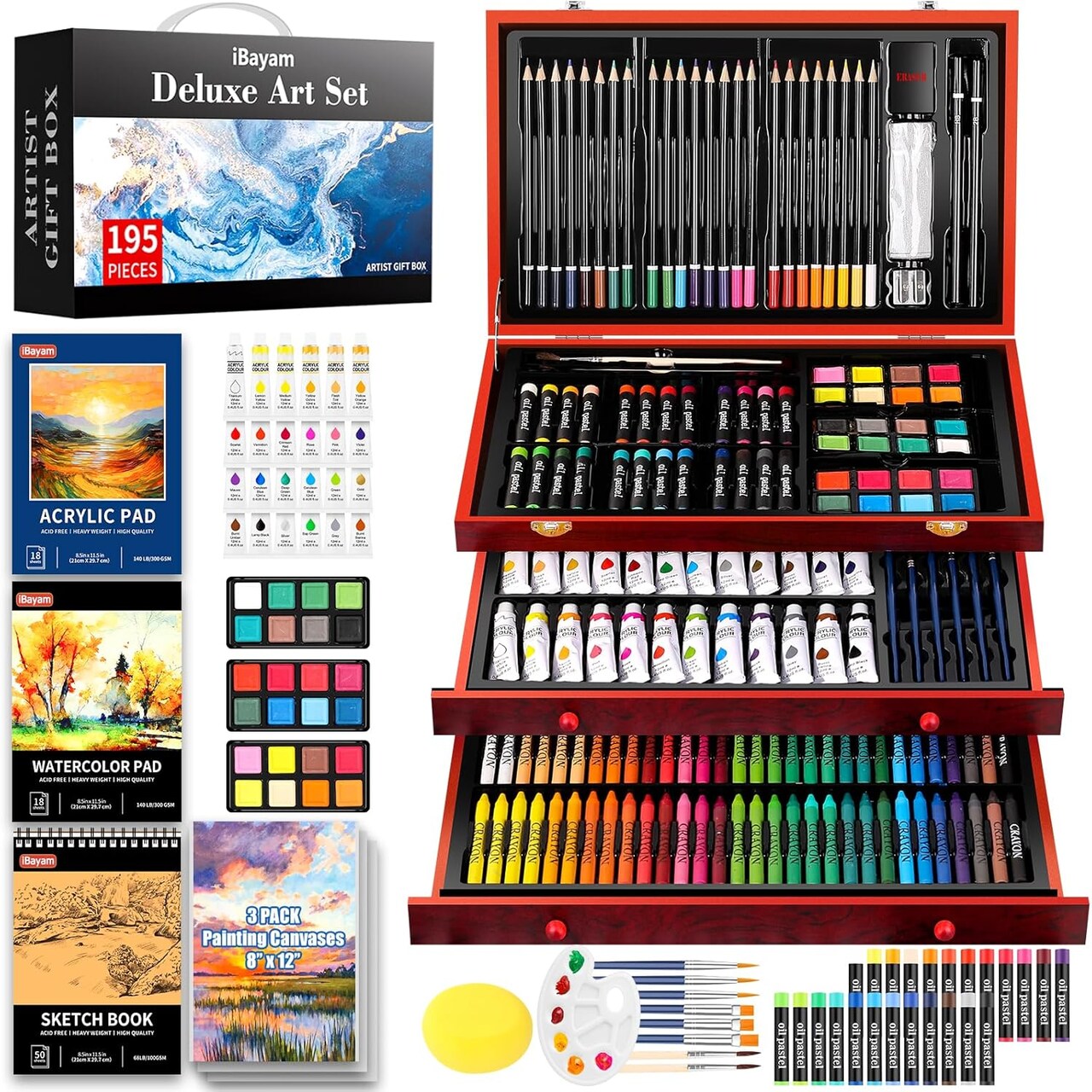 Art Supplies,195 Pack Art Set Drawing Kit for Kids Teens Girls Boys Adult, Arts and Crafts Painting Kit, Art Kits Paint Set with Acrylic Pad, Sketchbooks, Watercolor Pad, Canvases, Gift Box